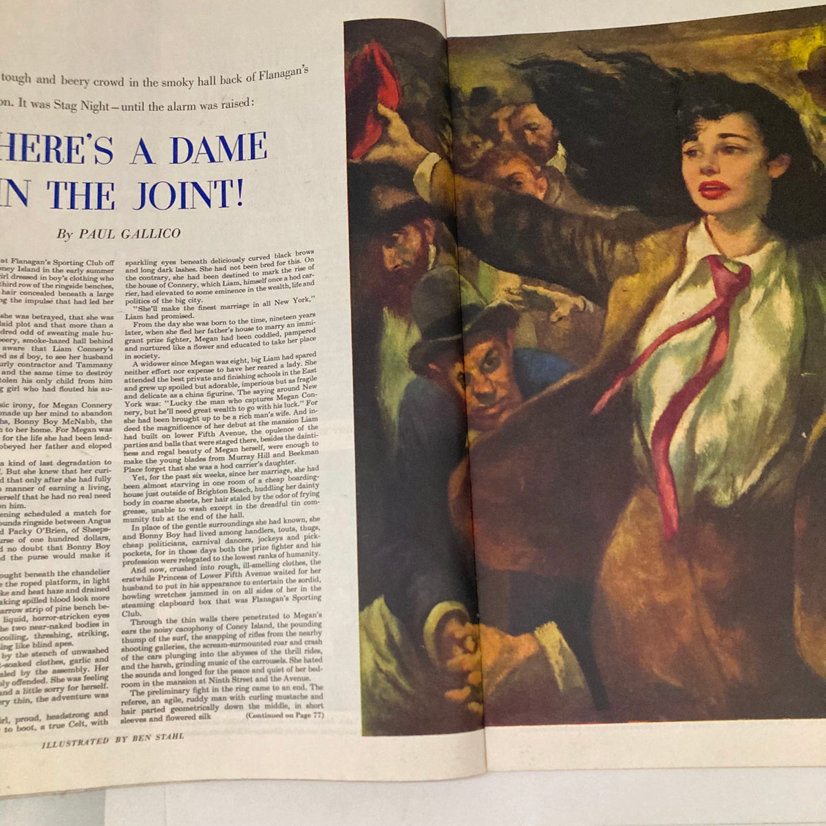 An illustrated page from the Saturday Evening Post Magazine December 20, 1952, featuring an article titled 'There's a Dame in the Joint!' with an expressive painting of a woman commanding attention.