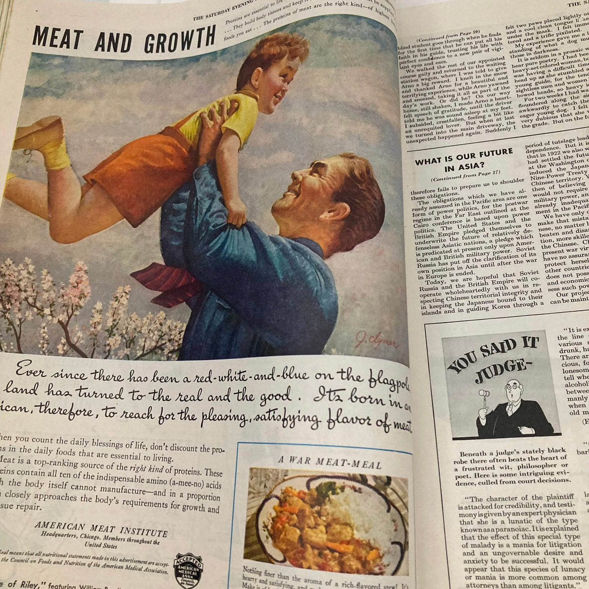 Page from the Saturday Evening Post Magazine April 29 1944 featuring a discussion on meat consumption and growth with a colorful illustration of a father and son.