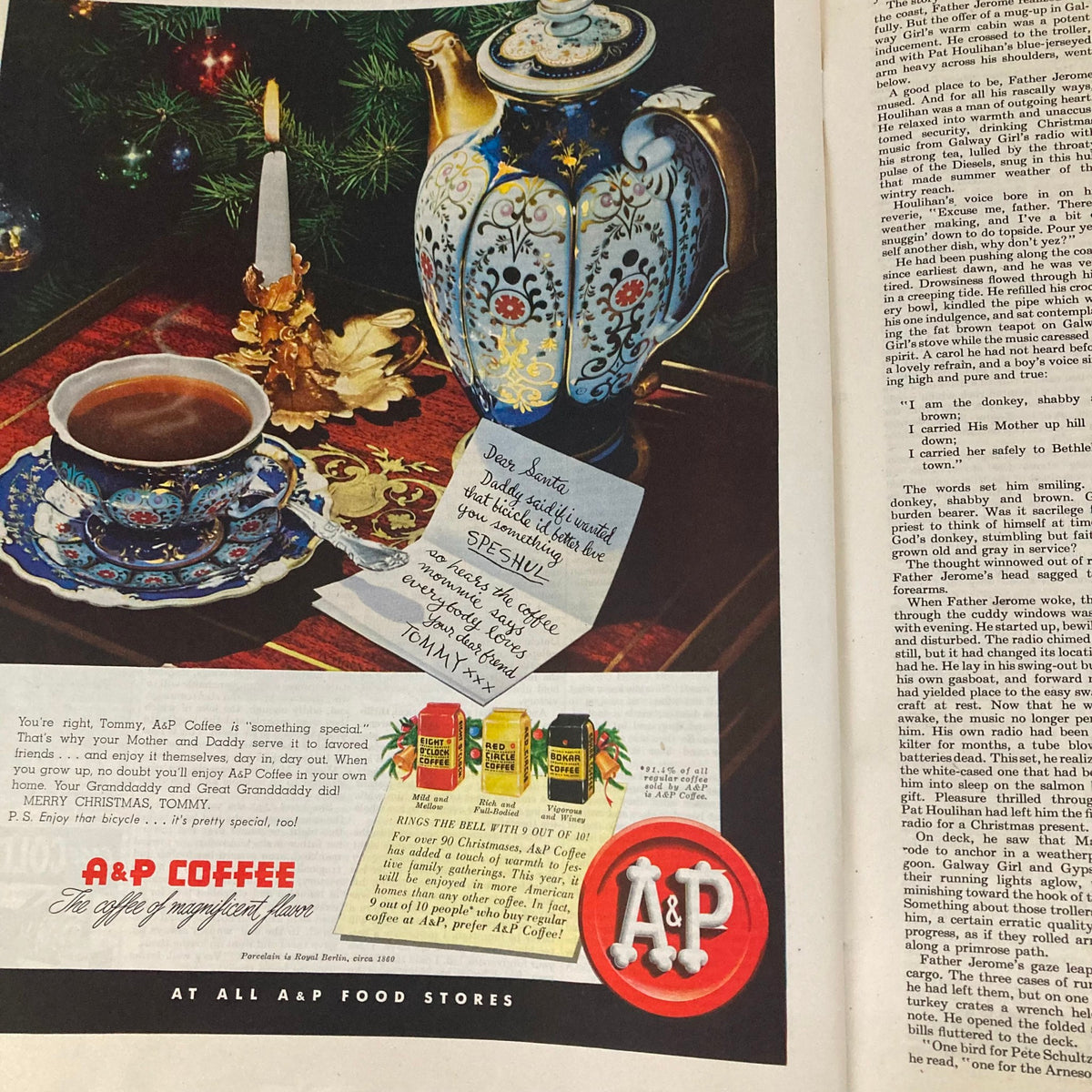 Vintage advertisement featuring A&P Coffee with a decorative coffee pot, cup, and a note to Santa, from the Saturday Evening Post Magazine December 20, 1952, titled 'The Feast' by Dick Sargent.