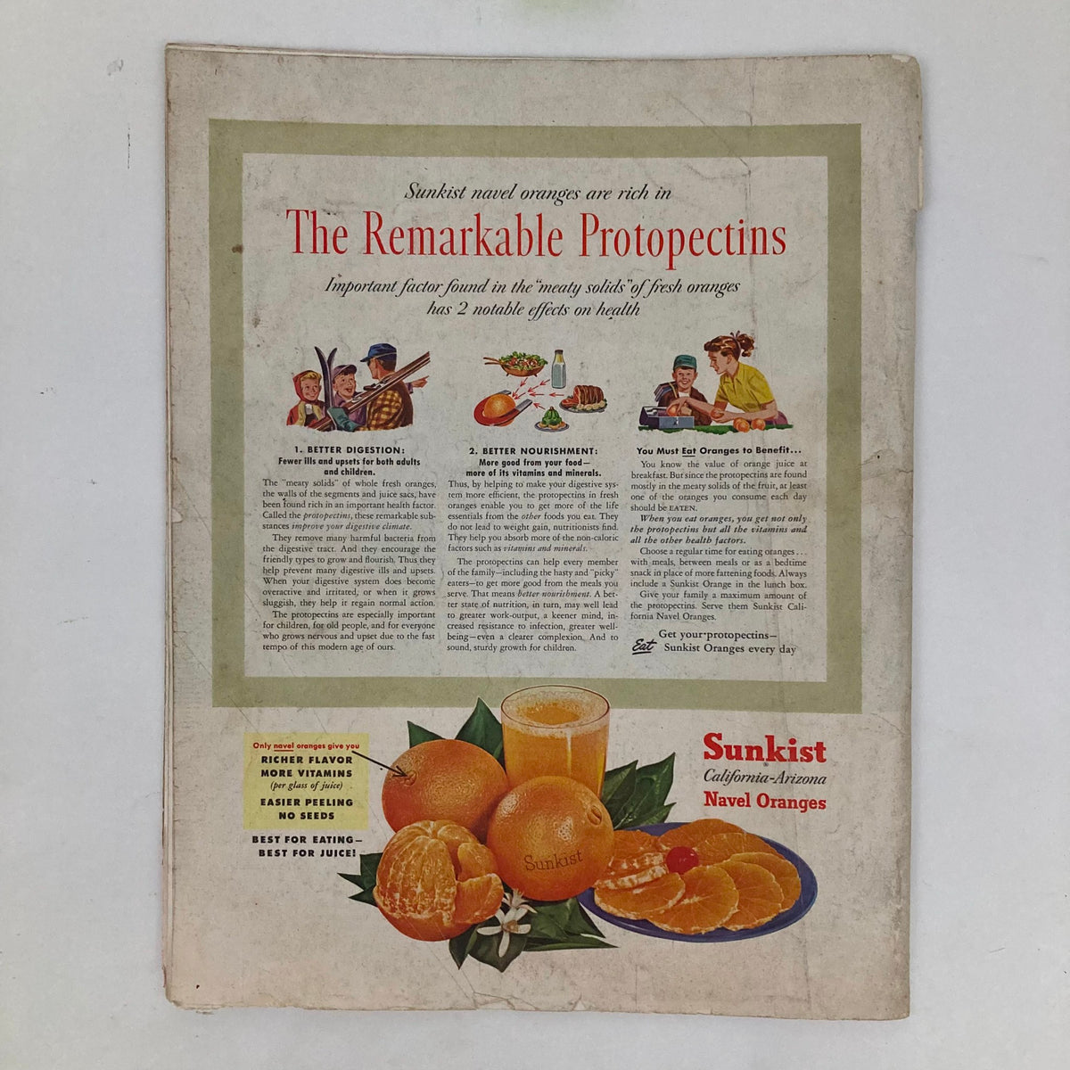 Sunkist navel oranges advertisement discussing health benefits, from the Saturday Evening Post Magazine December 20, 1952, titled 'The Feast' by Dick Sargent.