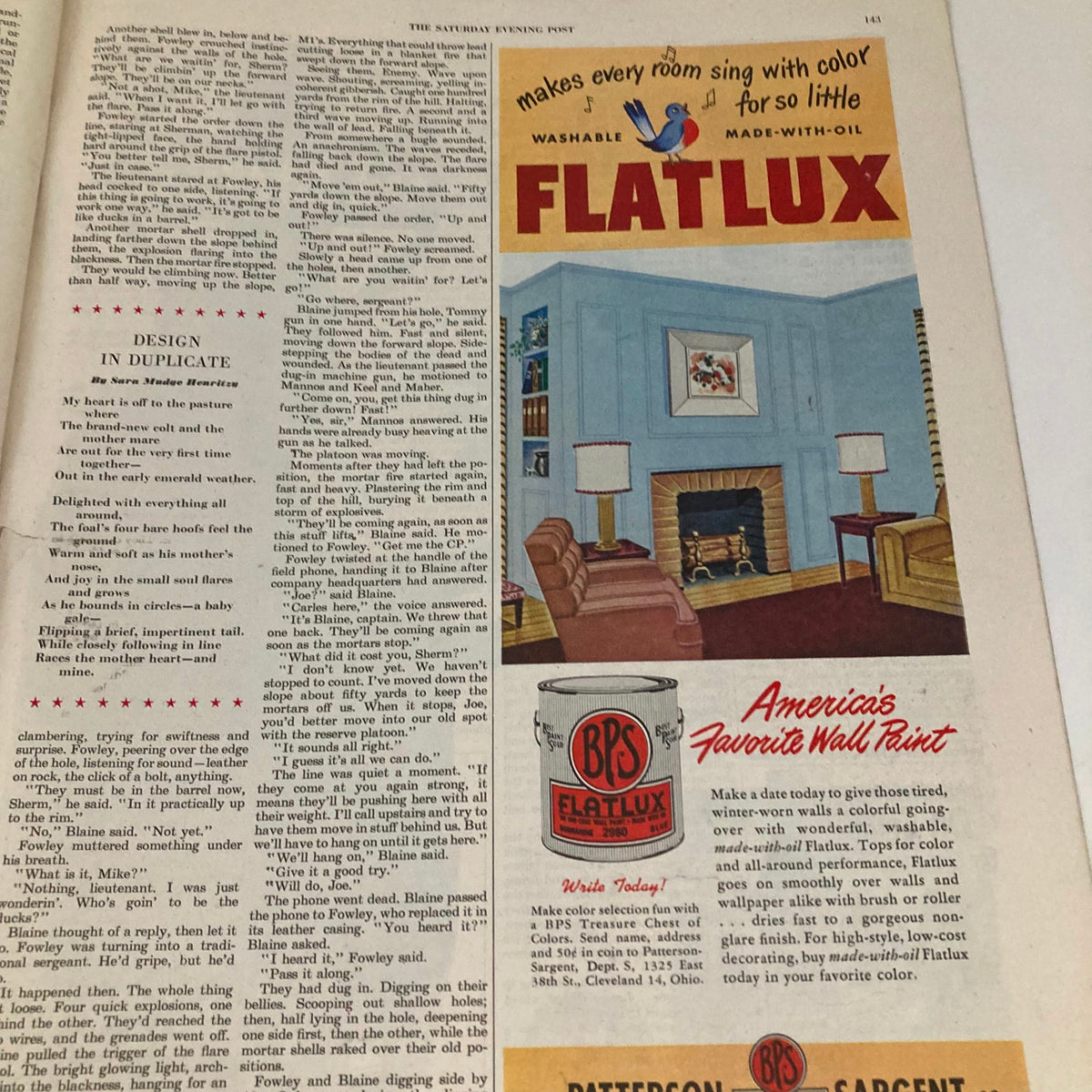 Interior page from Saturday Evening Post April 12 1952 showcasing a vintage advertisement for BPS Flatlux wall paint, featuring a cozy living room scene.