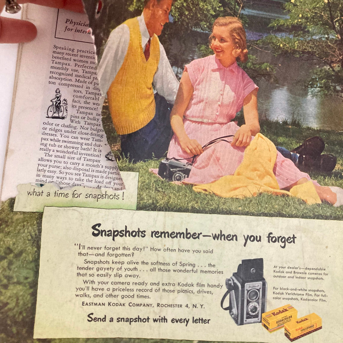 Close-up of the Kodak advertisement from Saturday Evening Post April 12 1952, depicting a couple in a park discussing photography and capturing memories.