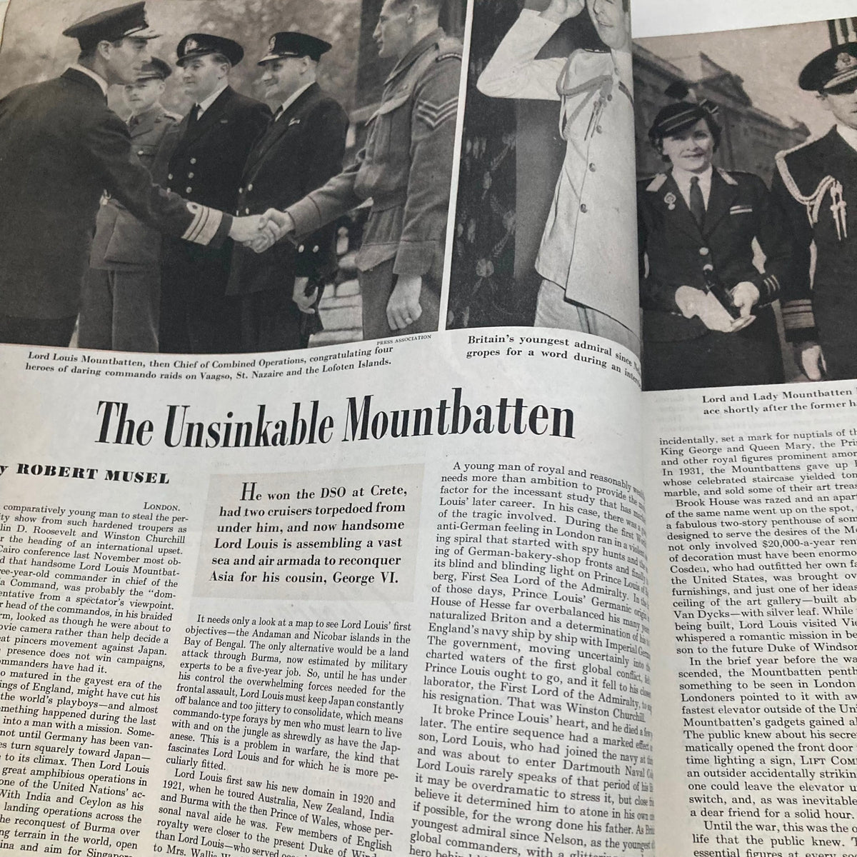 Interior page of the Saturday Evening Post Magazine, April 1, 1944, presenting an article titled 'The Unsinkable Mountbatten' with photographs and a discussion on Lord Louis Mountbatten's career.