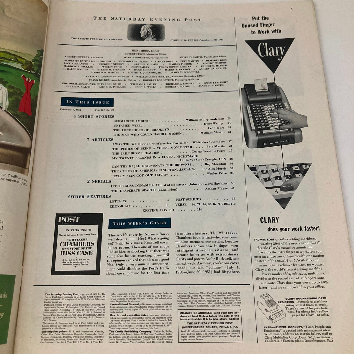 Interior page of the Saturday Evening Post Magazine February 9, 1952, showcasing the table of contents and features including the article on the Hiss Case.