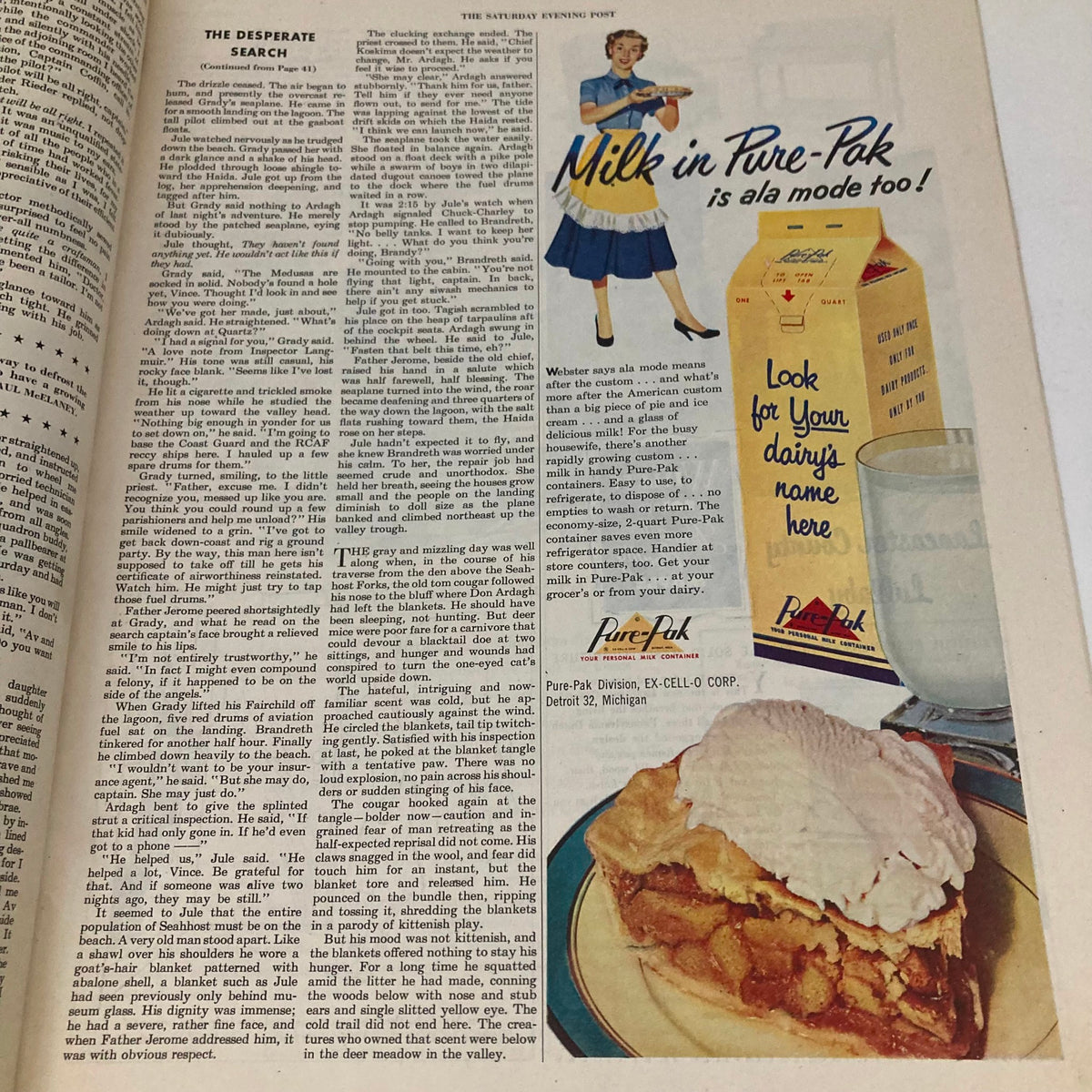 Saturday Evening Post Magazine February 9 1952 displaying an advertisement for Pure-Pak Milk with a tempting apple pie, illustrating mid-20th century American advertising.