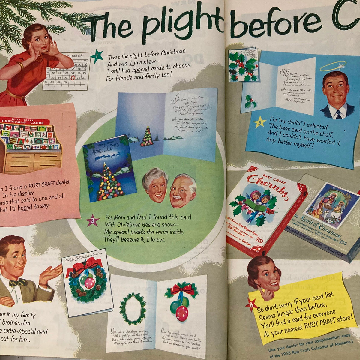 Illustration from the Saturday Evening Post magazine, showcasing a festive scene titled 'The Plight Before Christmas,' with vintage Christmas cards and a cheerful woman.