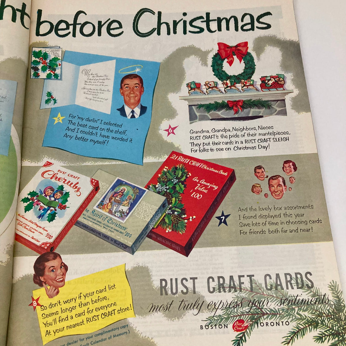 Another view of 'The Plight Before Christmas' illustration in the Saturday Evening Post magazine, depicting vintage holiday cards with a retro aesthetic.