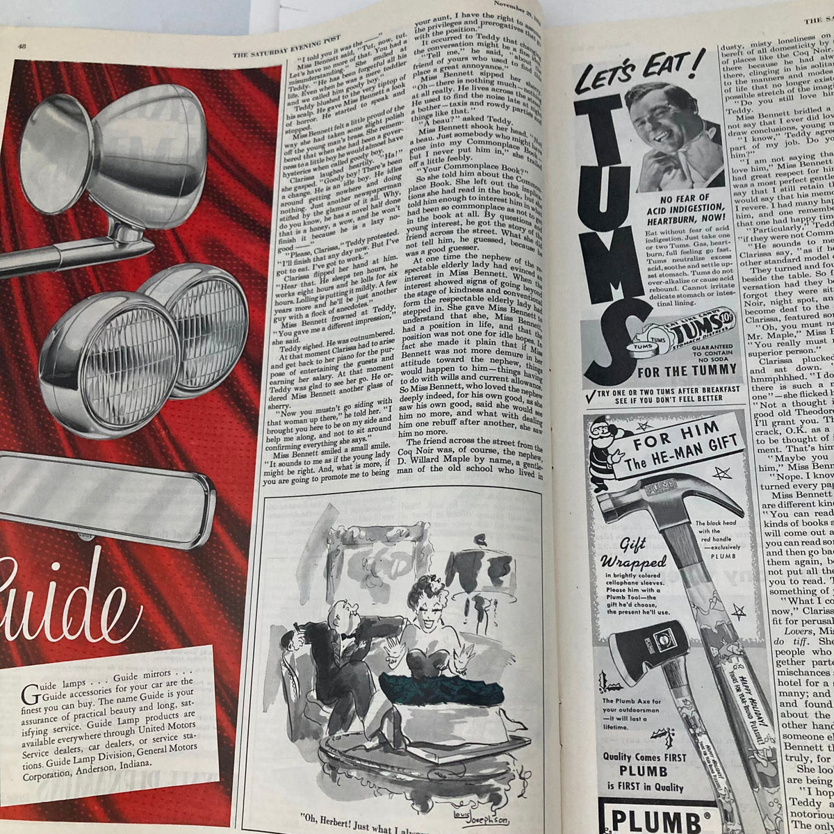 Page layout from the Saturday Evening Post magazine showing advertisements and illustrations with retro designs, offering a glimpse into 1950s culture.
