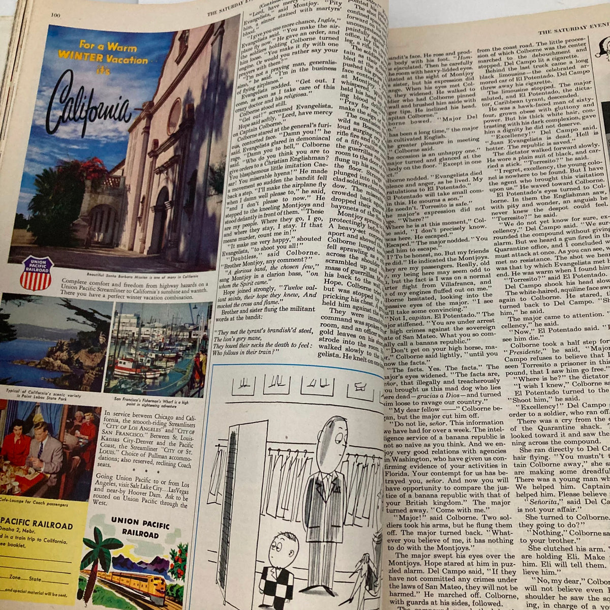 Colorful advertisement in the Saturday Evening Post Magazine December 3, 1953, promoting California vacations with scenic imagery.