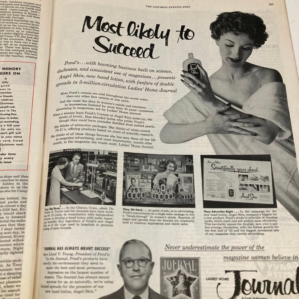 Promotional page from the Saturday Evening Post Magazine December 3, 1953, featuring Pond's Angel Skin hand lotion and its benefits.