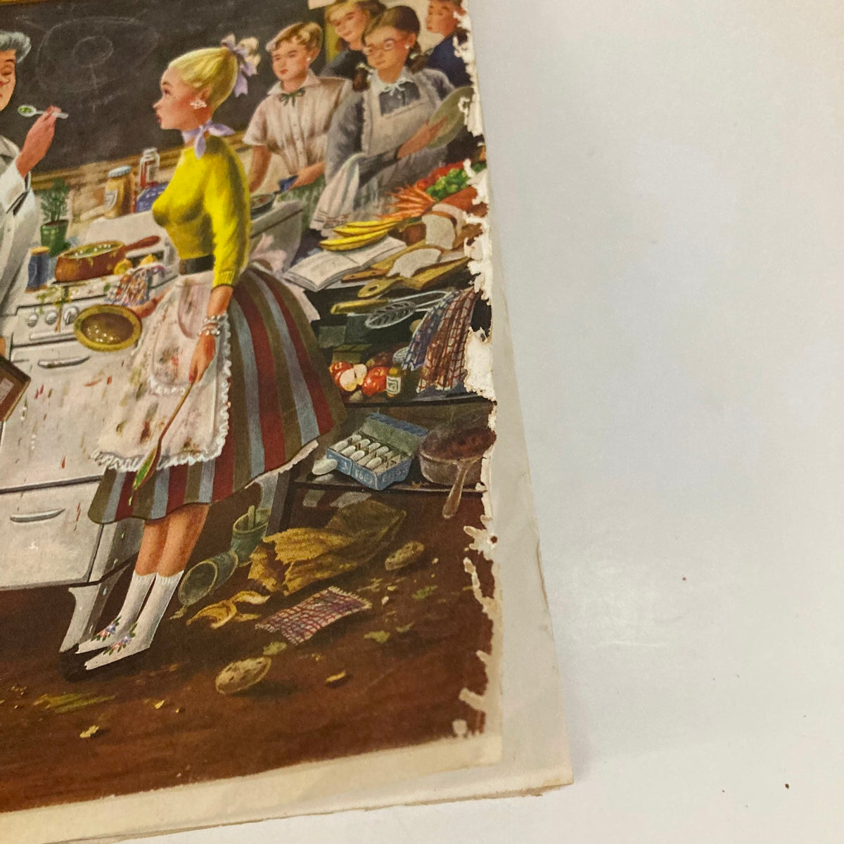 Detailed view of the Saturday Evening Post Magazine cover from February 28, 1953, featuring women in a kitchen with a focus on a woman dressed in yellow, engaged in conversation.