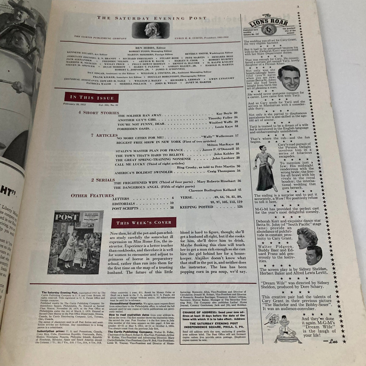 Interior page of the Saturday Evening Post Magazine, February 28, 1953, showcasing the table of contents and insights into featured articles and stories.