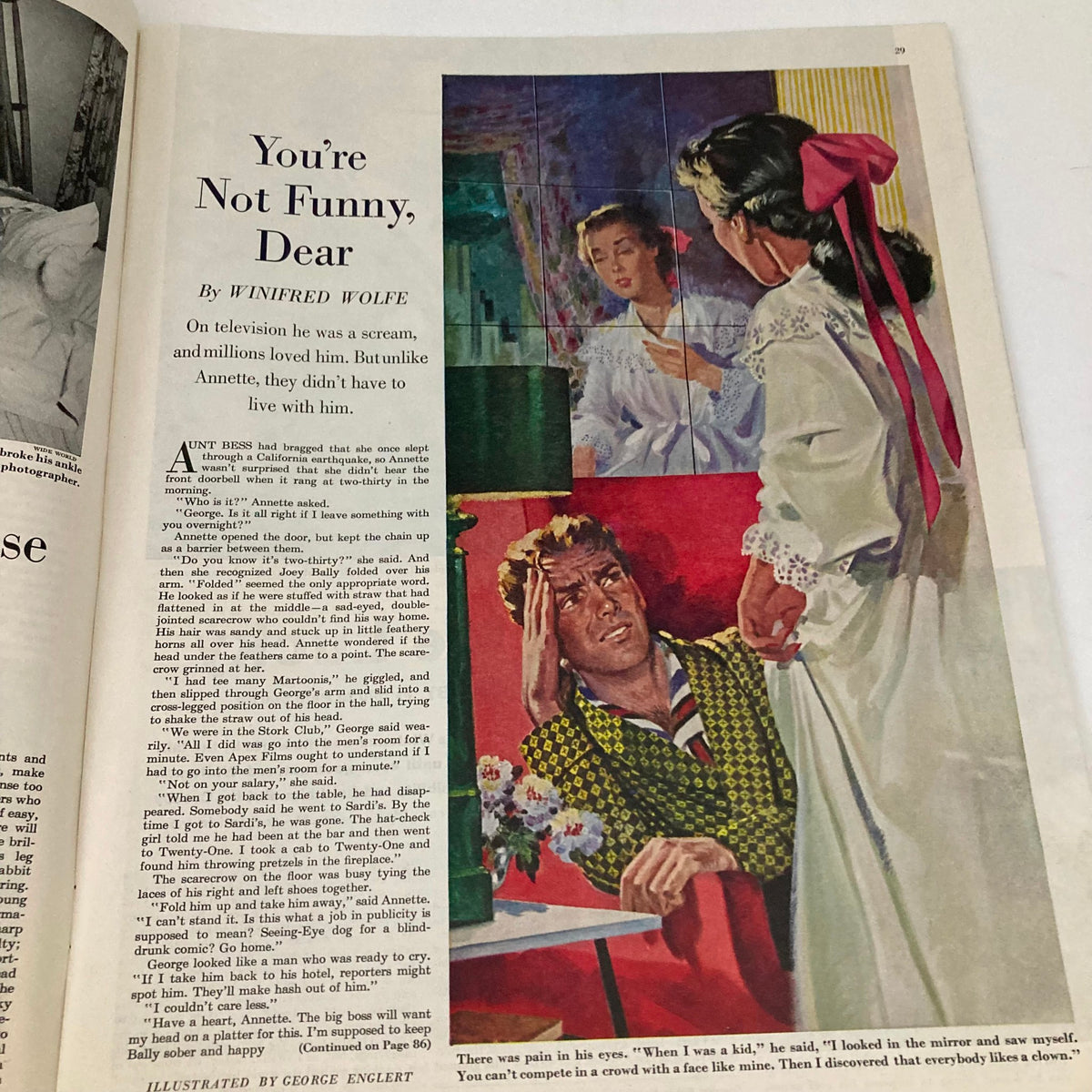 Interior page of Saturday Evening Post Magazine February 28 1953 featuring an illustration by George Englert for the article 'You're Not Funny, Dear' showcasing characters in a dramatic scene.