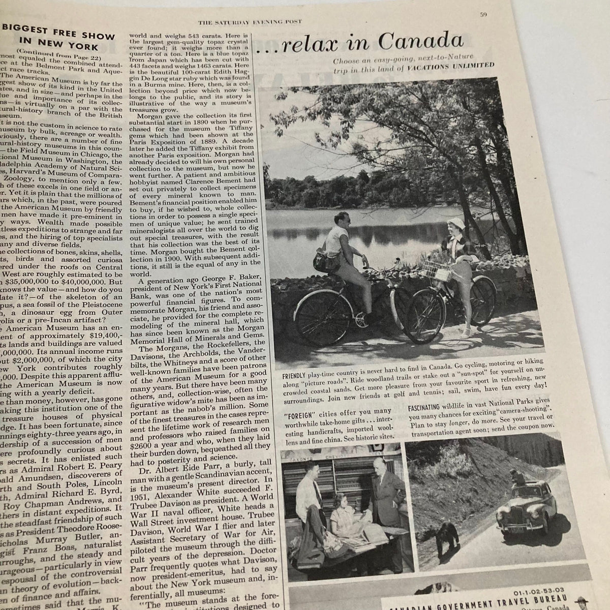 Article page from Saturday Evening Post Magazine February 28 1953 discussing travel opportunities in Canada, featuring images of outdoor activities and scenic landscapes.