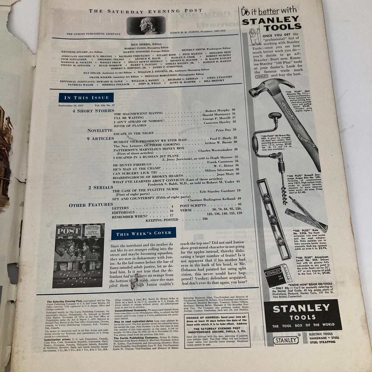 Interior page of the Saturday Evening Post Magazine from September 19, 1953, featuring a table of contents and advertisements.