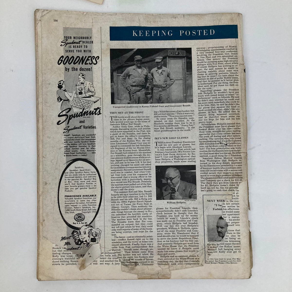Article page titled 'Keeping Posted' from the Saturday Evening Post Magazine September 19, 1953, featuring a vintage advertisement and news excerpts.