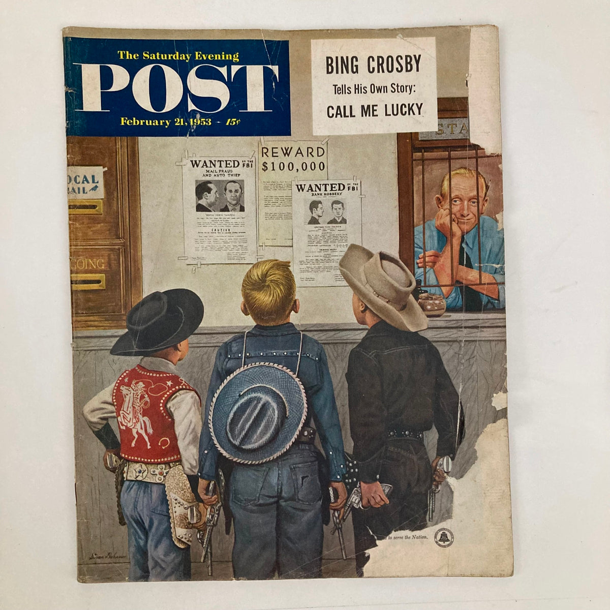 Cover of the Saturday Evening Post Magazine from February 21, 1953, featuring a vibrant illustration by Dohanos. The cover depicts three children in cowboy attire observing wanted posters in a Western-themed setting, celebrating mid-20th century American culture.