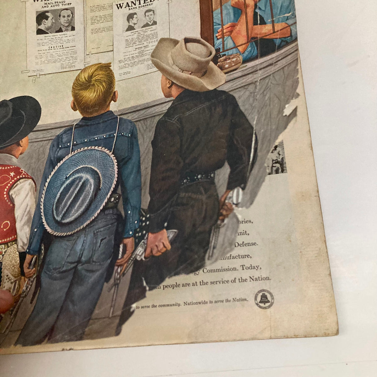 Illustration from Saturday Evening Post Magazine February 21 1953 featuring children dressed as cowboys observing a 'Wanted' poster, showcasing mid-20th century American culture.