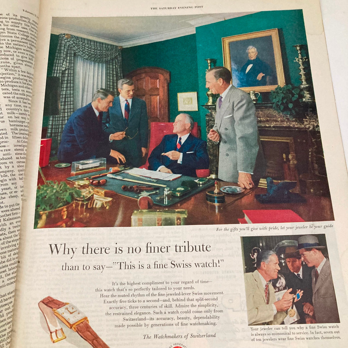 Colorful advertisement in Saturday Evening Post Magazine February 21 1953 featuring gentlemen discussing a fine Swiss watch, emphasizing luxury and craftsmanship.
