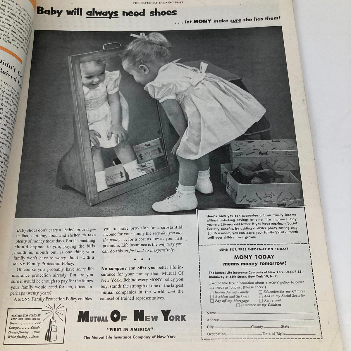 Advertorial page from the Saturday Evening Post Magazine July 18, 1953 featuring a young girl looking into a mirror, promoting children’s shoes, highlighting consumer culture of the era.
