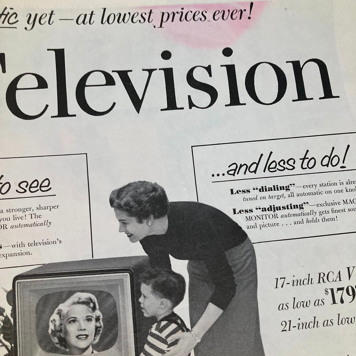 Vintage advertisement featuring a woman helping a child with a television, illustrating family bonding while highlighting the ease of use of modern appliances, from the Saturday Evening Post Magazine July 18 1953.