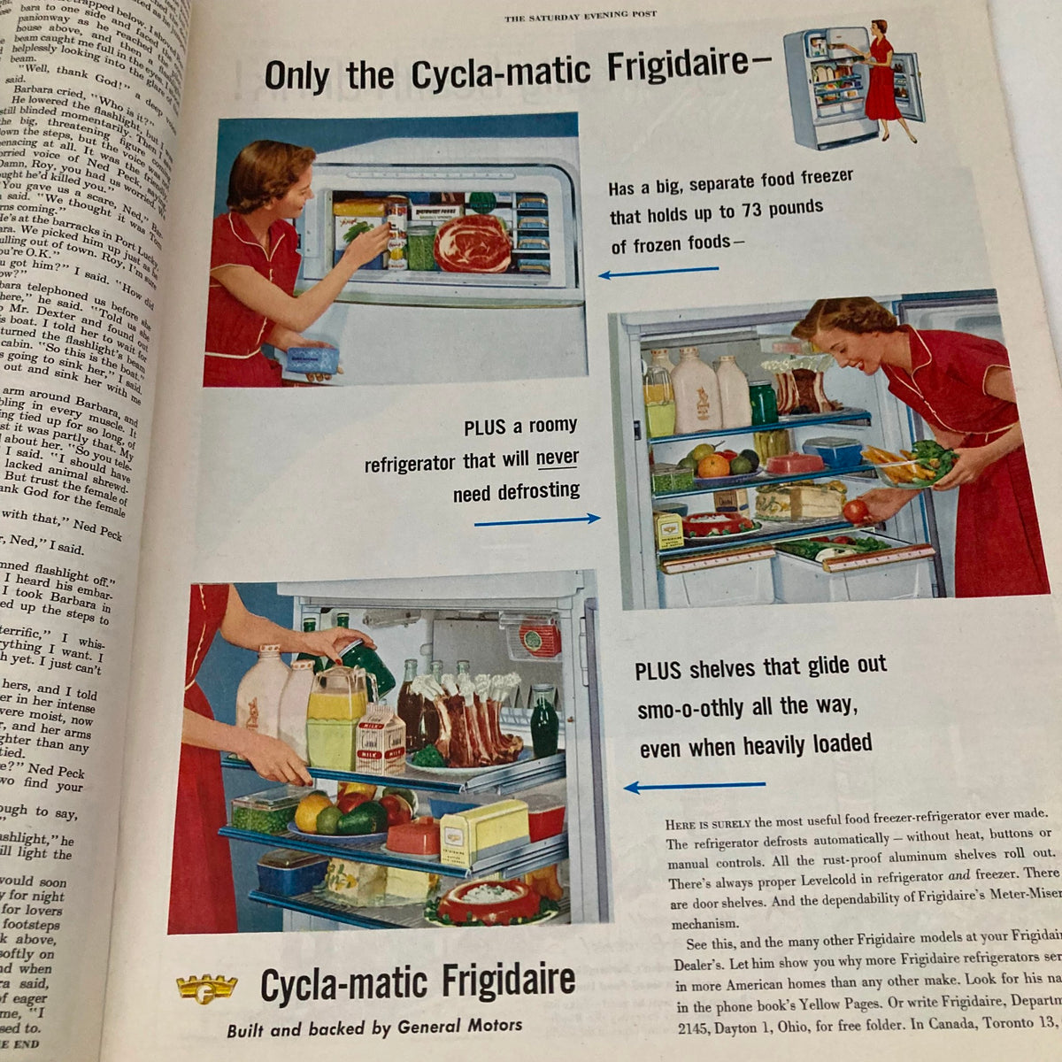 Colorful advertisement for the Cycla-matic Frigidaire, showing a woman using the refrigerator's generous space for groceries, emphasizing convenience, from the Saturday Evening Post Magazine July 18 1953.