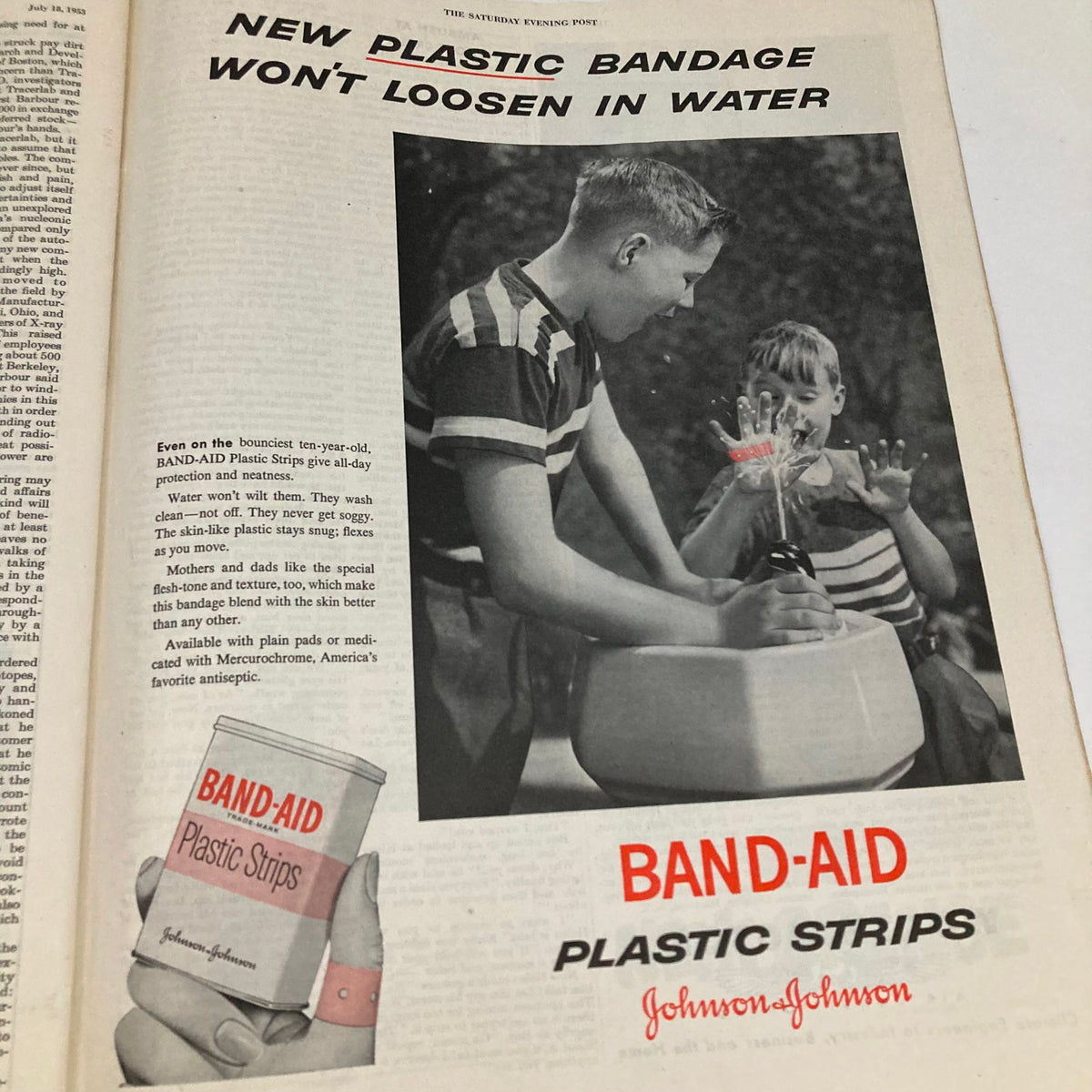 Advertisement for Band-Aid plastic strips showcasing a boy with a cut, emphasizing the waterproof feature and effectiveness of the bandage, from the Saturday Evening Post Magazine July 18 1953.