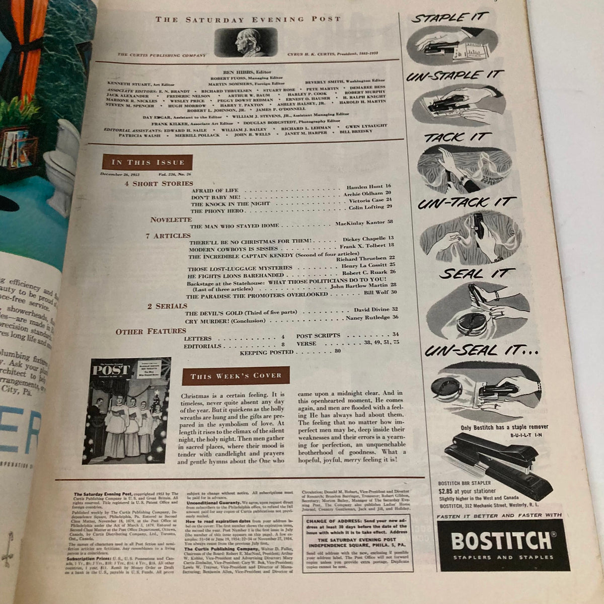 Interior page of Saturday Evening Post Magazine December 26 1953 Christmas - Schaeffer, displaying the table of contents and articles featured in this issue.