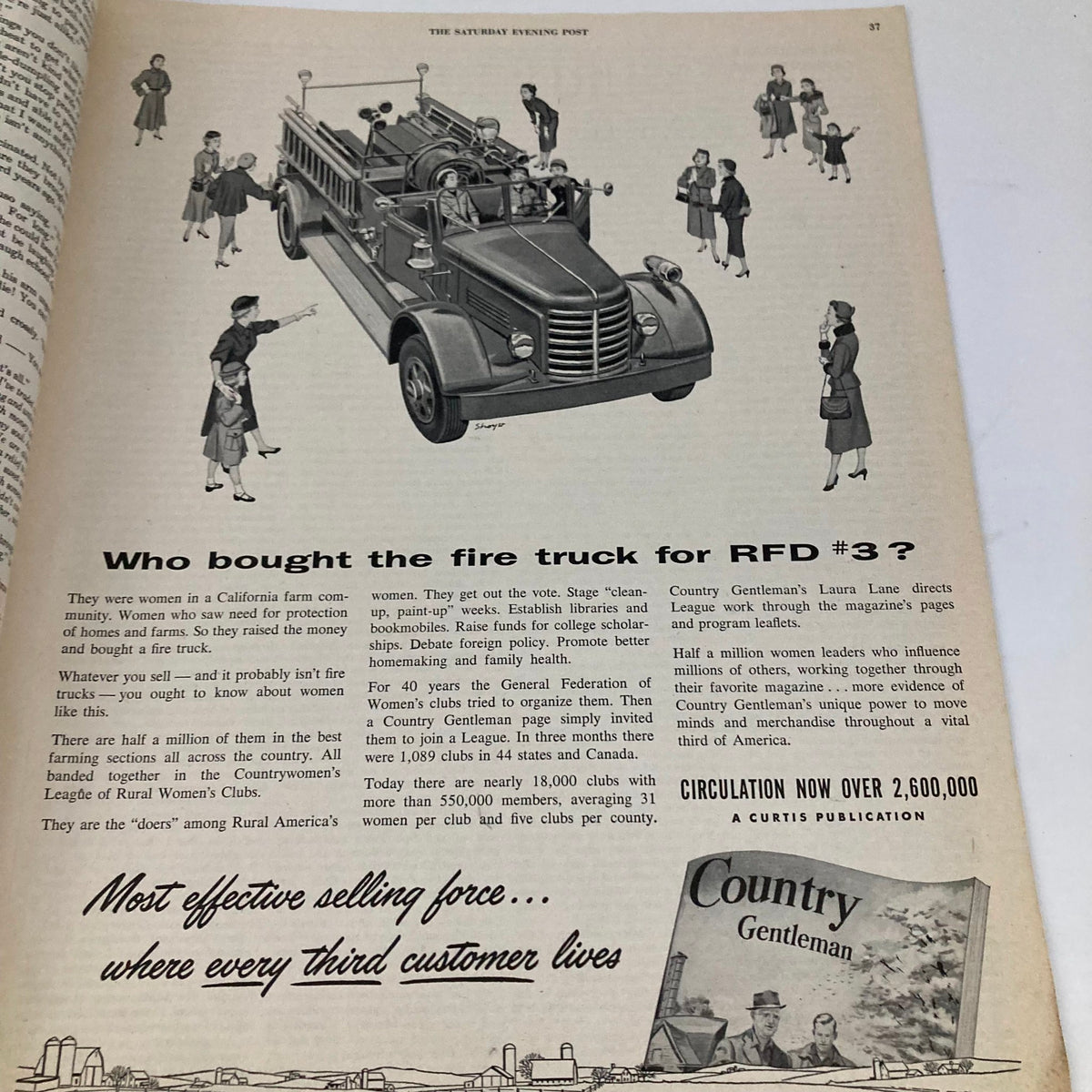 Page from Saturday Evening Post Magazine December 26 1953 Christmas - Schaeffer, showcasing an article about women in a California farm community buying a fire truck.