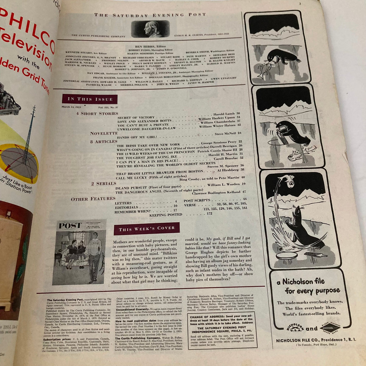 Interior page of the Saturday Evening Post Magazine March 14, 1953, showcasing table of contents and articles including short stories, features, and editorial content.
