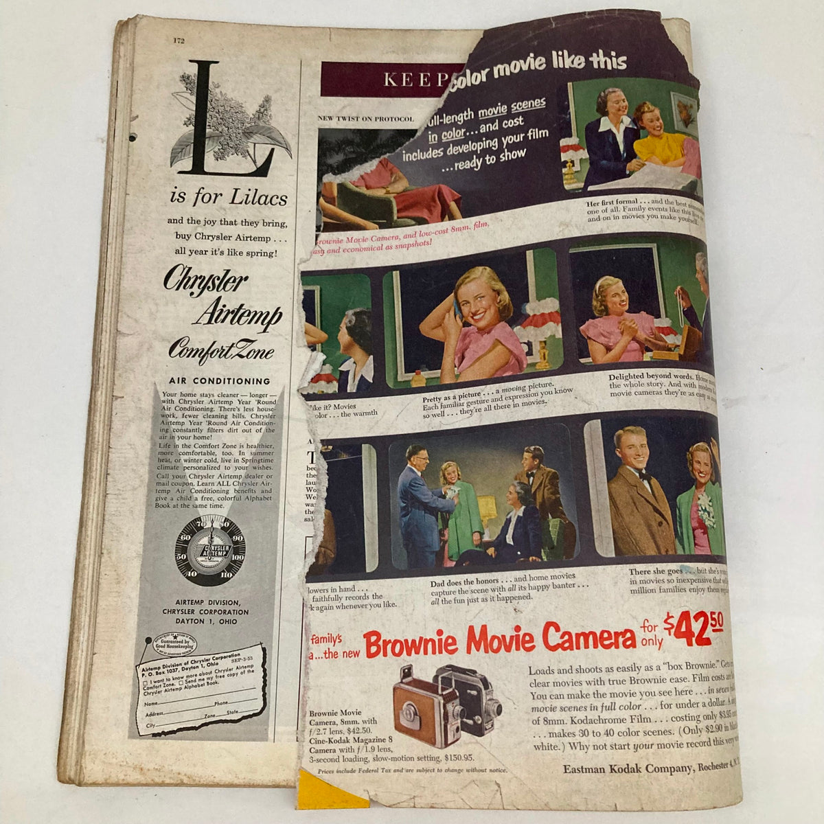 Saturday Evening Post Magazine March 14 1953 advertisement for Chrysler Airtemp Comfort Zone air conditioning and the new Brownie Movie Camera, promoting color movie scenes.