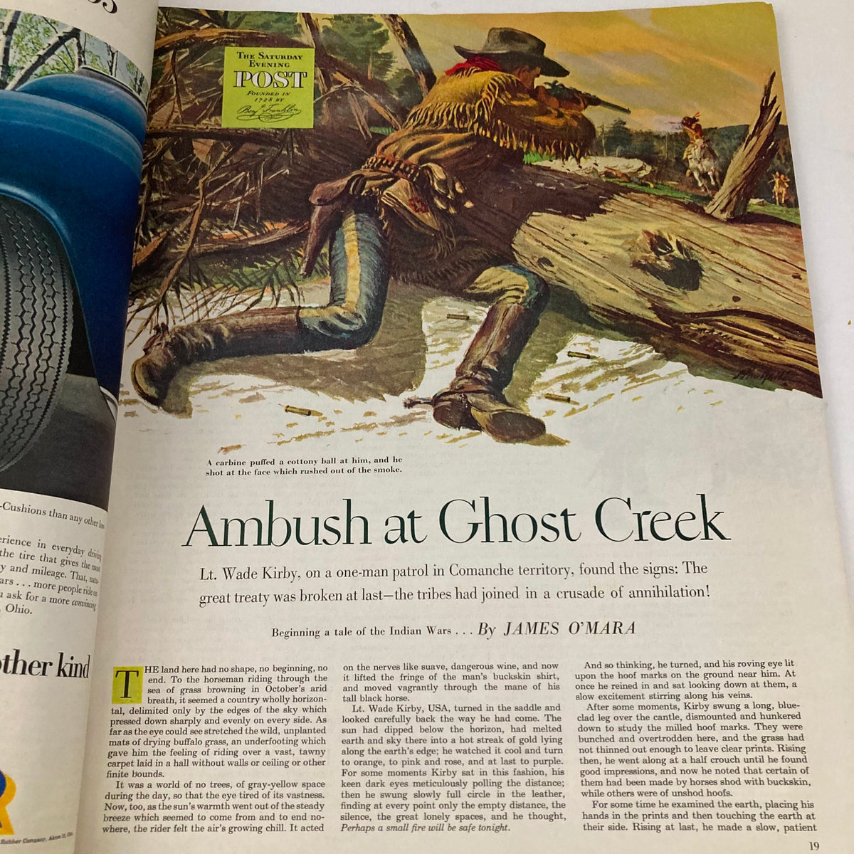 Article page from the Saturday Evening Post Magazine June 13 1953 titled 'Ambush at Ghost Creek', portraying a dramatic illustration related to the Indian Wars.