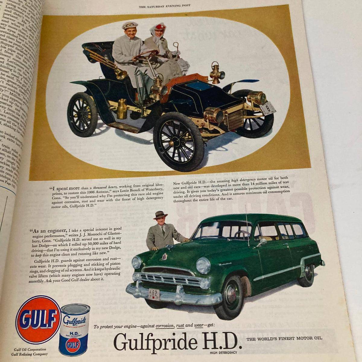 Saturday Evening Post Magazine article from October 17, 1953 highlighting an advertisement for Gulfpride H.D. motor oil, featuring vintage automobiles and an engineer in period attire.