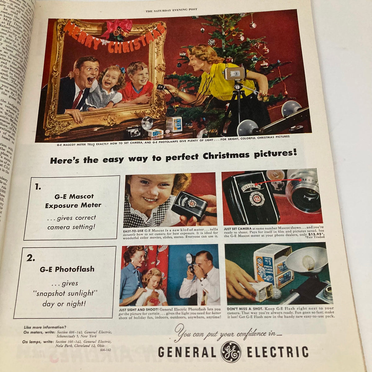 Advertisement page from the Saturday Evening Post Magazine December 12, 1953, showcasing General Electric products for capturing perfect Christmas photographs.