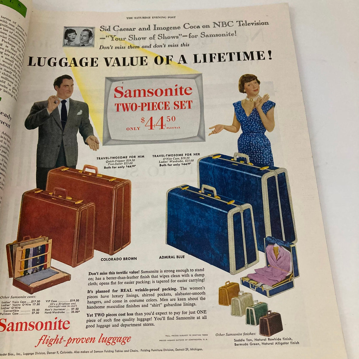 Advertisement for Samsonite luggage in the Saturday Evening Post Magazine dated October 17, 1953, showcasing a two-piece luggage set with a couple promoting the travel-friendly features.