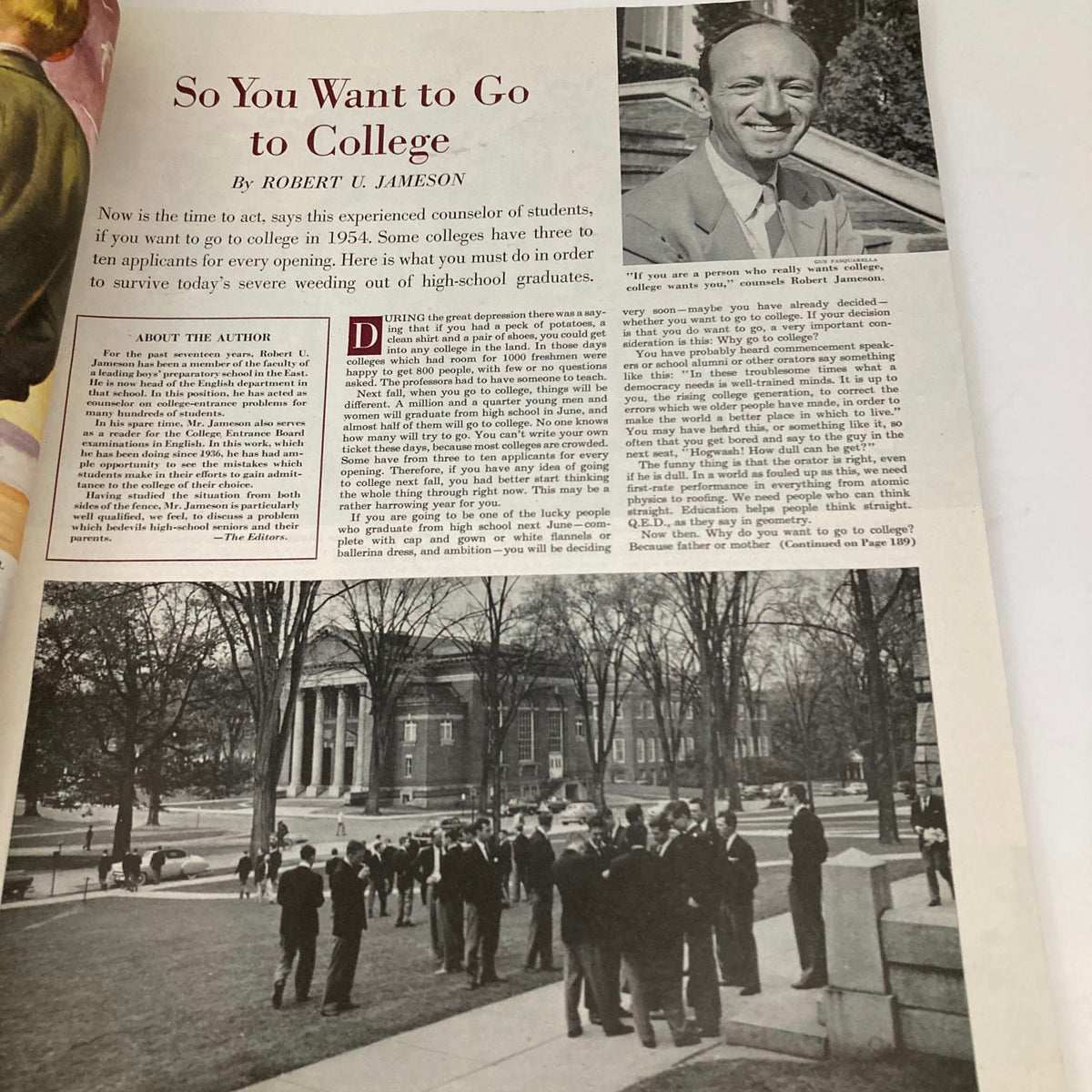 Article in the Saturday Evening Post Magazine from October 17, 1953, titled 'So You Want to Go to College,' discussing college preparations amid a photograph of students on campus.