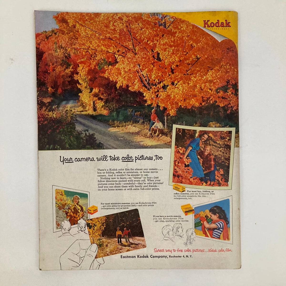 Back cover of the Saturday Evening Post Magazine October 17 1953 featuring Kodak advertisement with vibrant autumn foliage and family enjoying color photography in the fall.