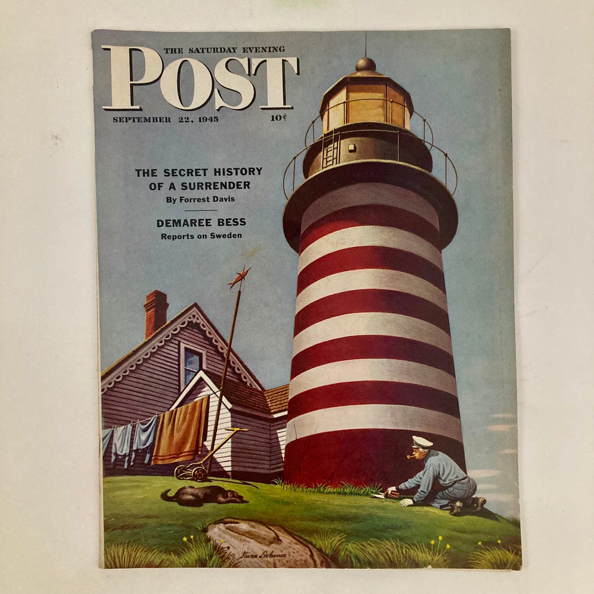 Cover of the Saturday Evening Post Magazine, September 22, 1945, featuring a lighthouse illustration by Stevan Dohanos, showcasing the charm of coastal life.