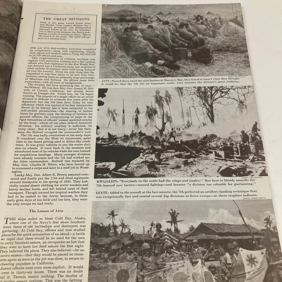 Article page from the Saturday Evening Post Magazine, September 22, 1945, titled 'The Great Divisions,' detailing World War II military strategies and actions.