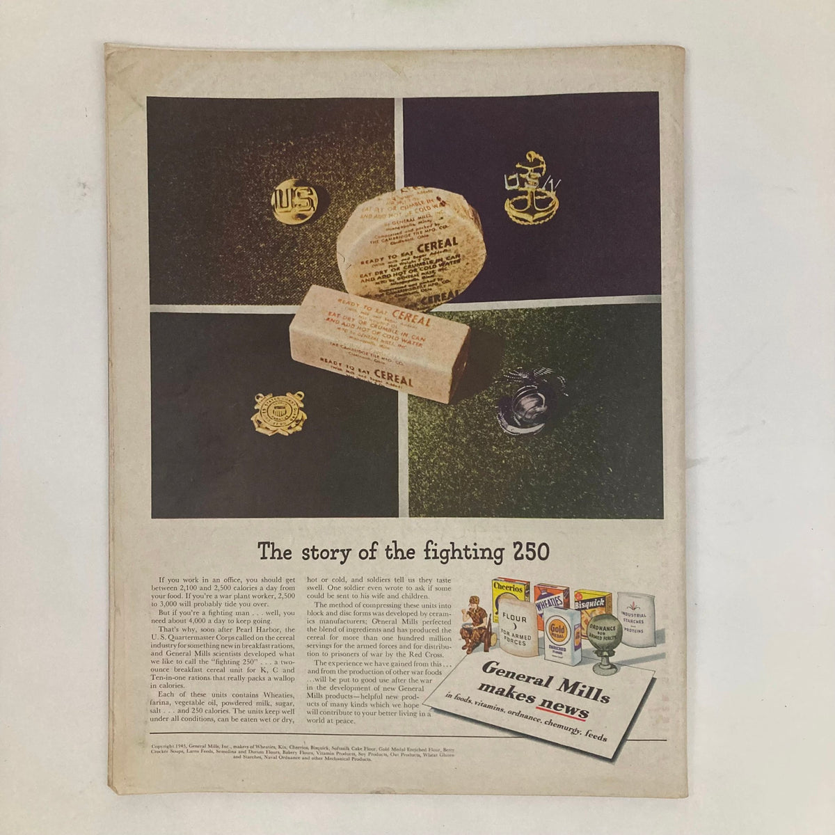 An advertisement featuring General Mills cereals from the Saturday Evening Post Magazine September 22 1945, with four items displayed on a dark background and text 'The story of the fighting 250'.