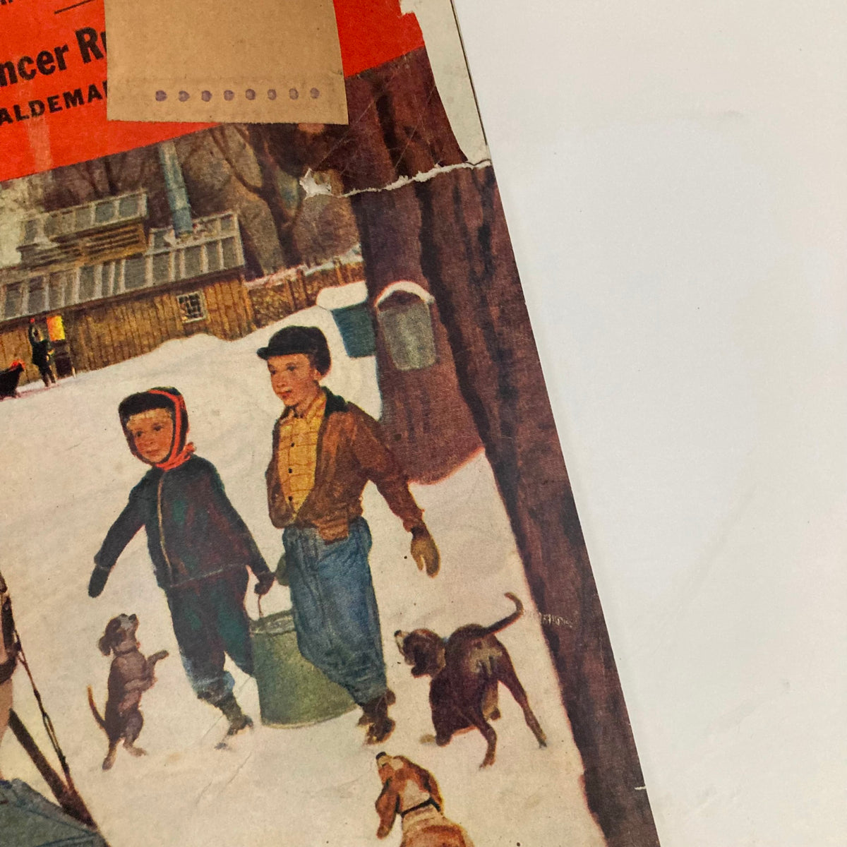 Close-up of children and dogs on the cover of Saturday Evening Post Magazine February 17, 1945, illustrating a nostalgic winter moment.
