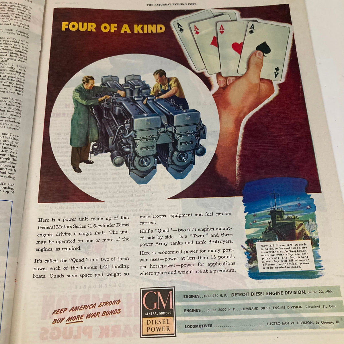 Illustration showcasing a General Motors Series 71 diesel engine unit in the Saturday Evening Post Magazine February 17, 1945, featuring mechanics at work with playing cards in the design.