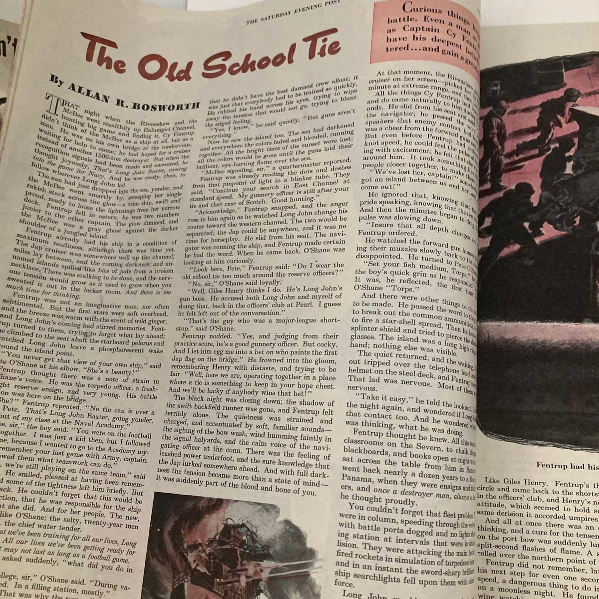 Page from Saturday Evening Post Magazine February 10 1945 featuring the story 'The Old School Tie' by Allan R. Bosworth, showcasing vintage typography and illustrations of the era.
