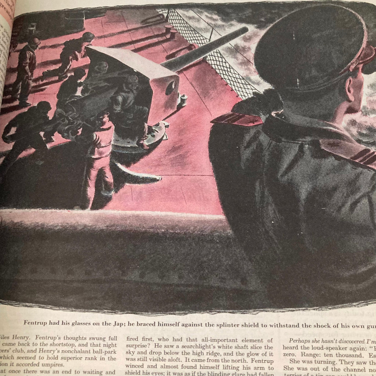 Illustration from Saturday Evening Post Magazine February 10 1945 depicting a military scene with soldiers at a gun, illustrating wartime themes relevant to the period.