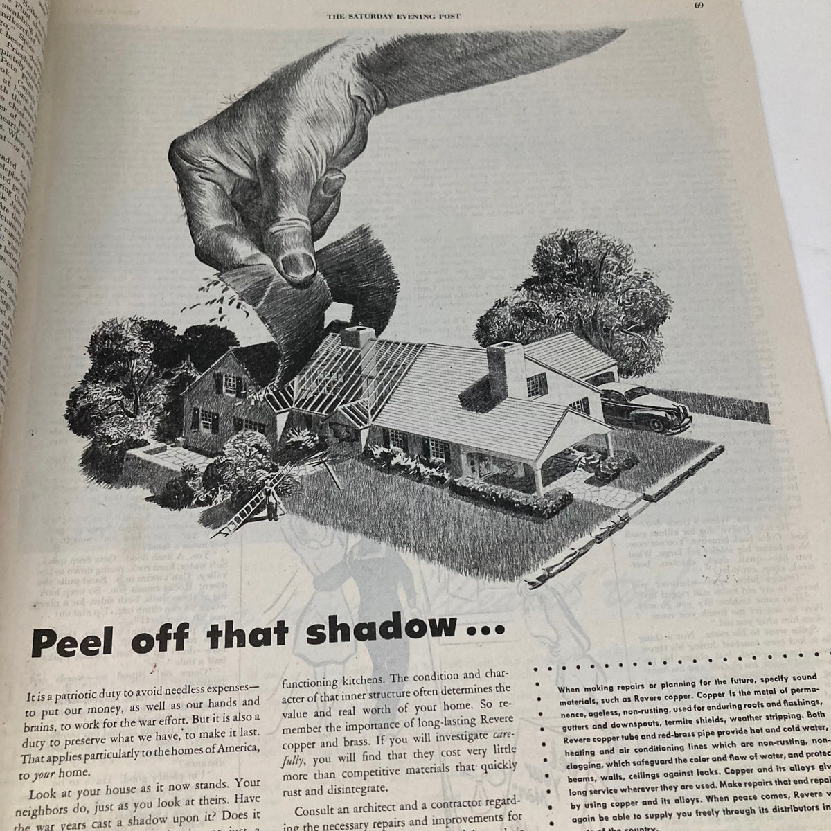 Illustration from Saturday Evening Post Magazine February 10 1945 showing a hand peeling away a shadow from a house, showcasing home maintenance themes.