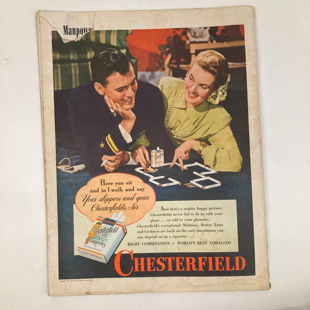 Vintage advertisement from Saturday Evening Post Magazine February 10 1945 featuring a couple enjoying Chesterfield cigarettes, with an inviting design capturing mid-20th century Americana.