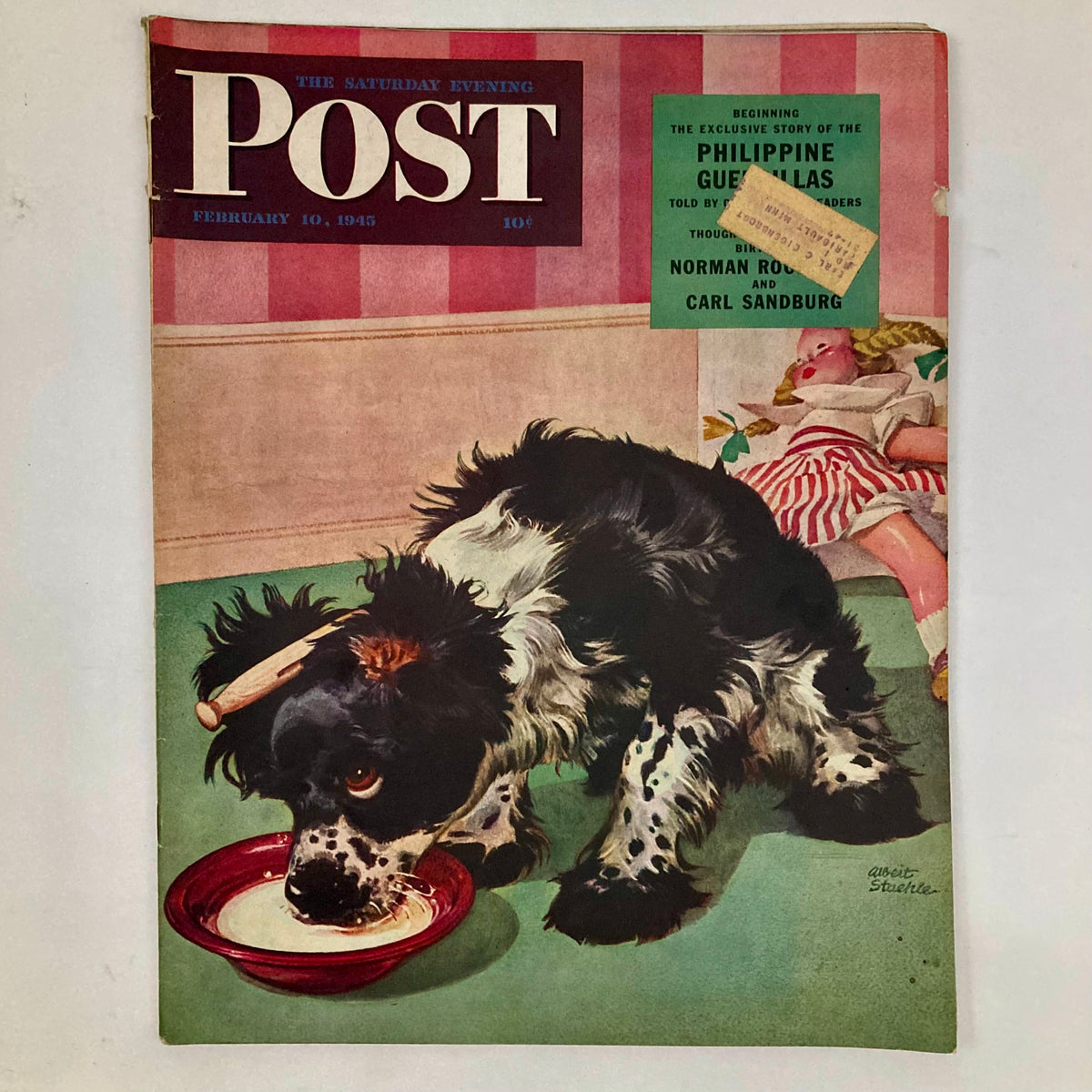Cover of Saturday Evening Post Magazine February 10, 1945 featuring an illustrated dog artwork by Albert Staehle, showcasing mid-20th-century American culture.