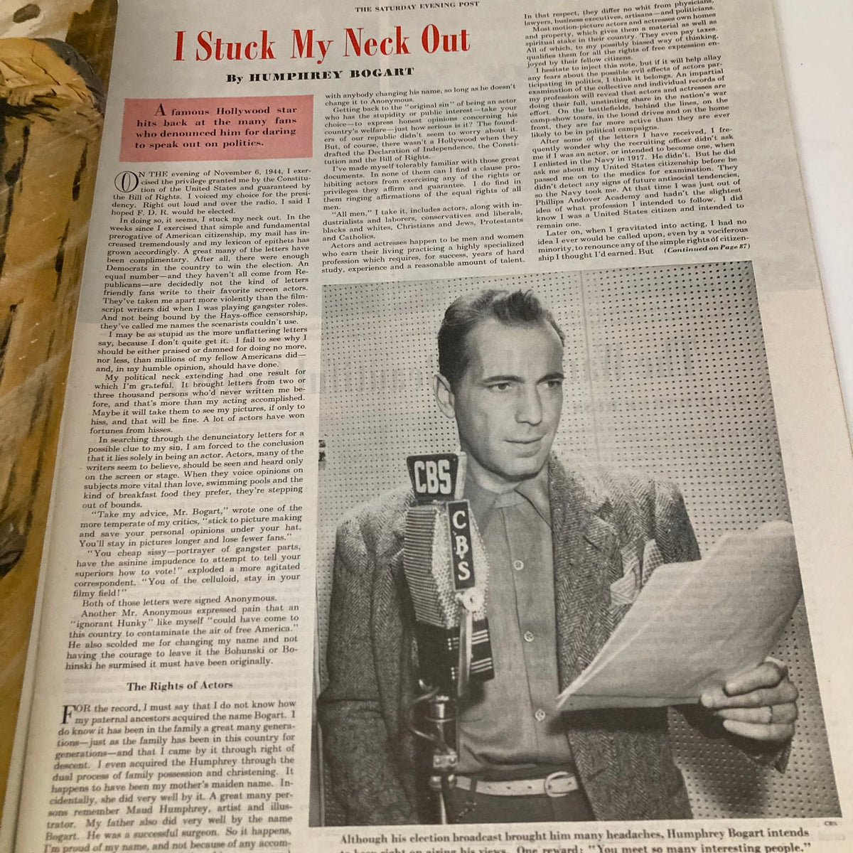 Feature article in Saturday Evening Post Magazine February 10, 1945 entitled 'I Stuck My Neck Out' by Humphrey Bogart, highlighting a prominent Hollywood star's views.