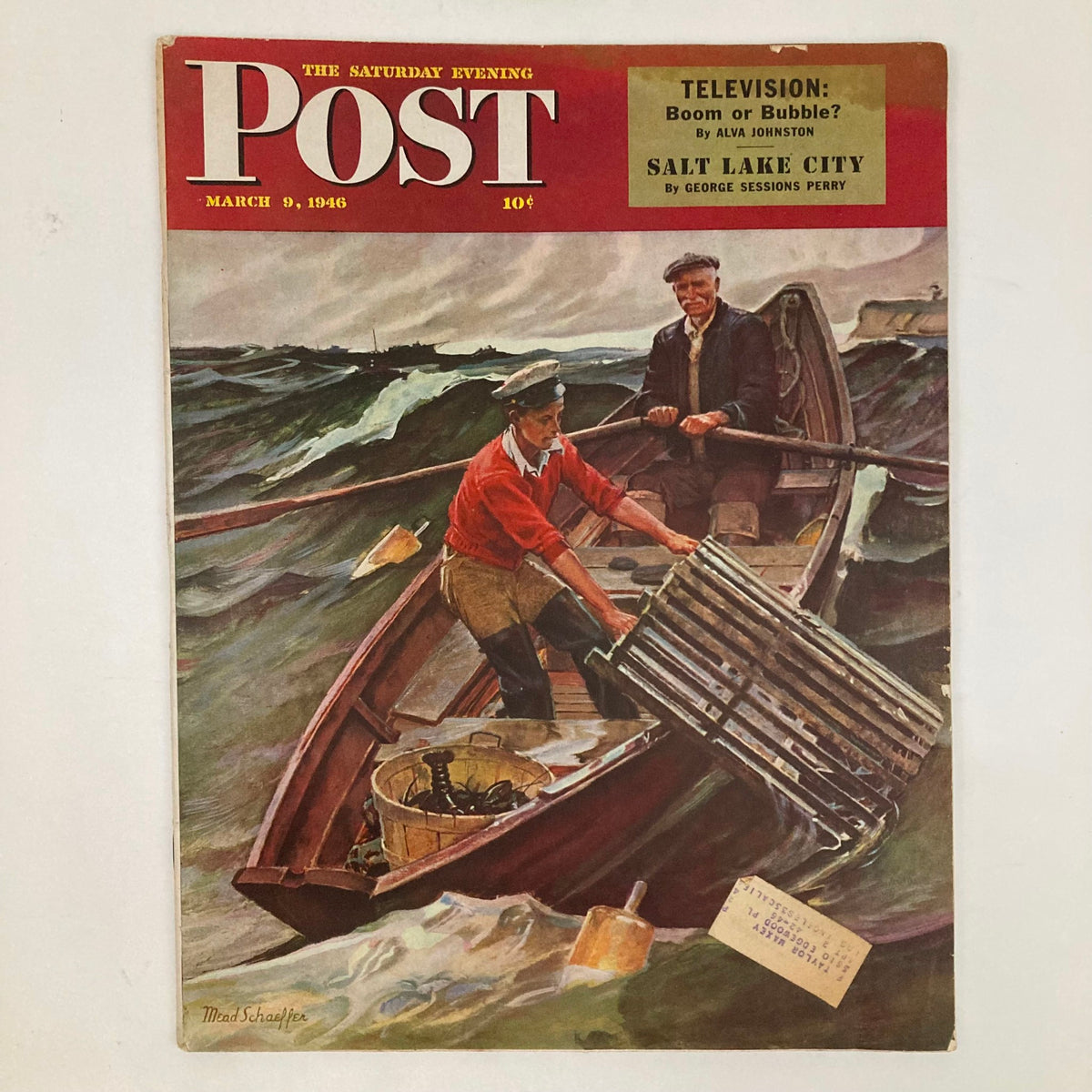 Vintage Saturday Evening Post Magazine March 9, 1946 illustrated cover by Mead Schaeffer featuring two fishermen on a boat in rough waters.