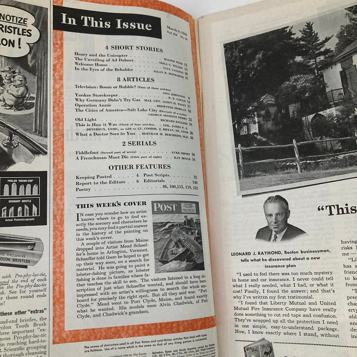 Inside spread of the Saturday Evening Post Magazine March 9, 1946 showcasing table of contents with titles for short stories and articles.
